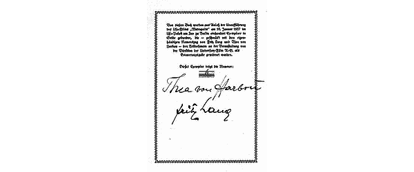Autographen von Thea von Harbou und Fritz Lang im Roman zu "Metropolis"