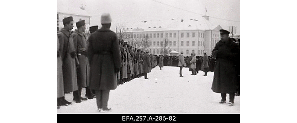 Soome vabatahtlike Ekströmi pataljon ülesrivistunult paraadiks Peetri
                    platsil.
