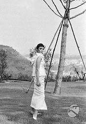 Barbara Steele nel giardino dell'Hotel Hilton, sotto un albero spoglio; campo medio