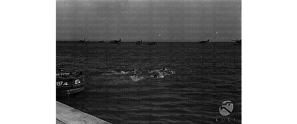 Fasi di una gara di nuoto: i marinai nuotano verso i Cant Z506 ormeggiati in mare a centinaia di metri dal molo