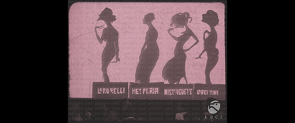 Didascalia con caricature di alcune attrici del cinema muto, da sinistra: Lyda Borelli, Hesperia, Mistinguett e Francesca Bertini. In basso si intravedono alcuni spettatori