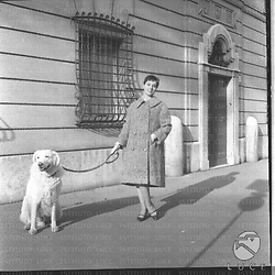 Una modella con un cappotto tiene al guinzaglio un cane. Campo medio