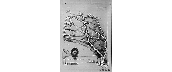 Tavola topografica con progetto del 'Campo Polisportivo Ostiense' ornata dallo stemma 'S.P.Q.R.' e firmata in basso a destra 'Ing....' - Totale