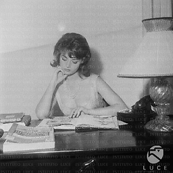Sylva Koscina sfoglia un album di foto seduta ad una scrivania nella sua casa - piano americano