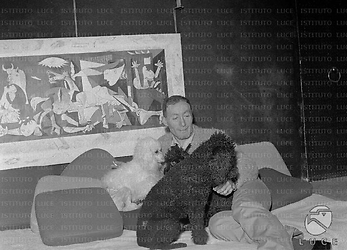 Paul Steffen sdraiato su un divano con due cani vicino. Sulla parete è affisso una stampa del Guernica di Picasso. Campo medio