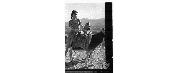 Gina Lollobrigida in sella ad un mulo vicino al mare e vicino una bambina sul set del film 'Pane amore e gelosia' - totale