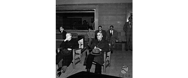 Roma Ezio Vigorelli e il presidente del Luce Fattorosi seduti in una sala proiezioni dell'Istituto Nazionale Luce