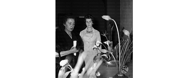 Due donne davanti a sculture floreali giapponesi esposte in mostra - piano americano