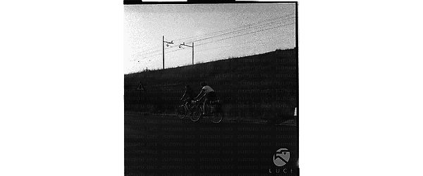 Un uomo ed una donna (forse Ingrid Bergman) ripresi in bicicletta di spalle in una via nelle vicinanze di Santa Marinella - campo medio